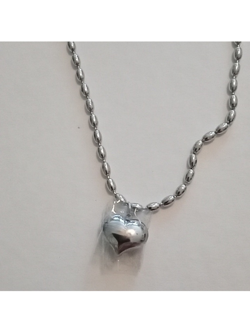 Puffy Silver Heart Pendant Necklace - Shiny Silver Heart on Beaded Chain